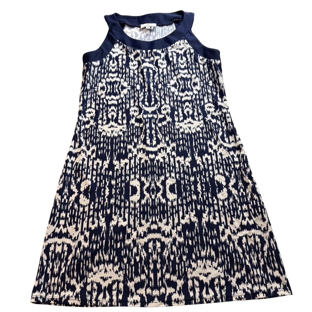 Jude Connally Navy White Ikat Sleeveless Shift Dress Jude Cloth Size S Made USA